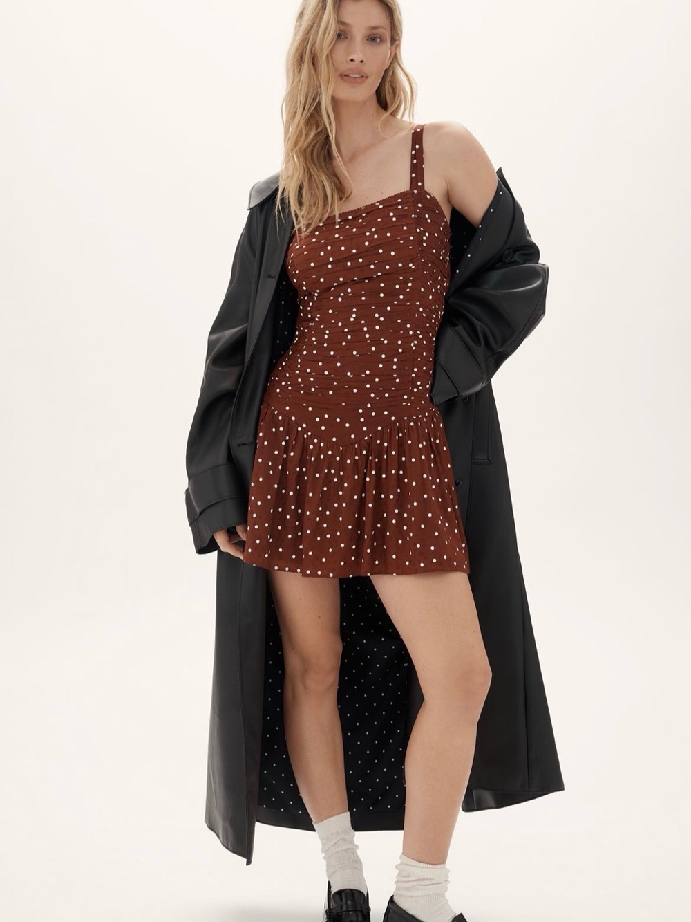 Anthropologie SAYLOR Burnt Umber Polka Dot Ruched Mini Dress- Large